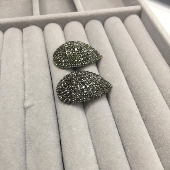 Sparkly Rhinestone Marcasite Dome Crystal Teardrop Post Stud Gunmetal Earrings - Picture 3 of 5